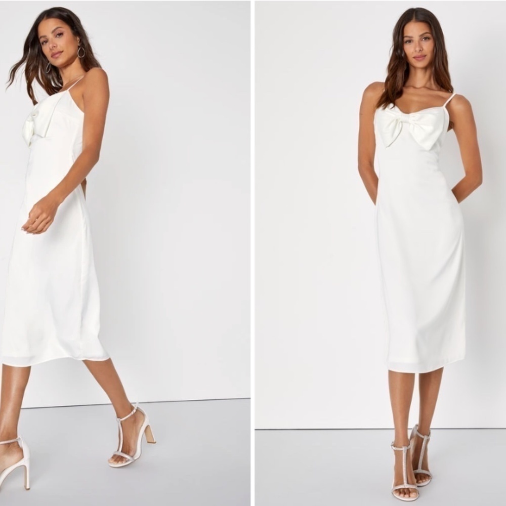 LULUS Bridal Bachelorette Engagement Bridal Shower Sexy Satin Midi Dress NWOT